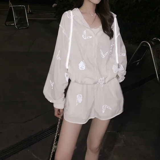 Butterfly Reflective Girl Sexy Streetwear Gothic Sportswear Women Summer Two Piece Sets Hooded Thin Loose Top and Short Pants