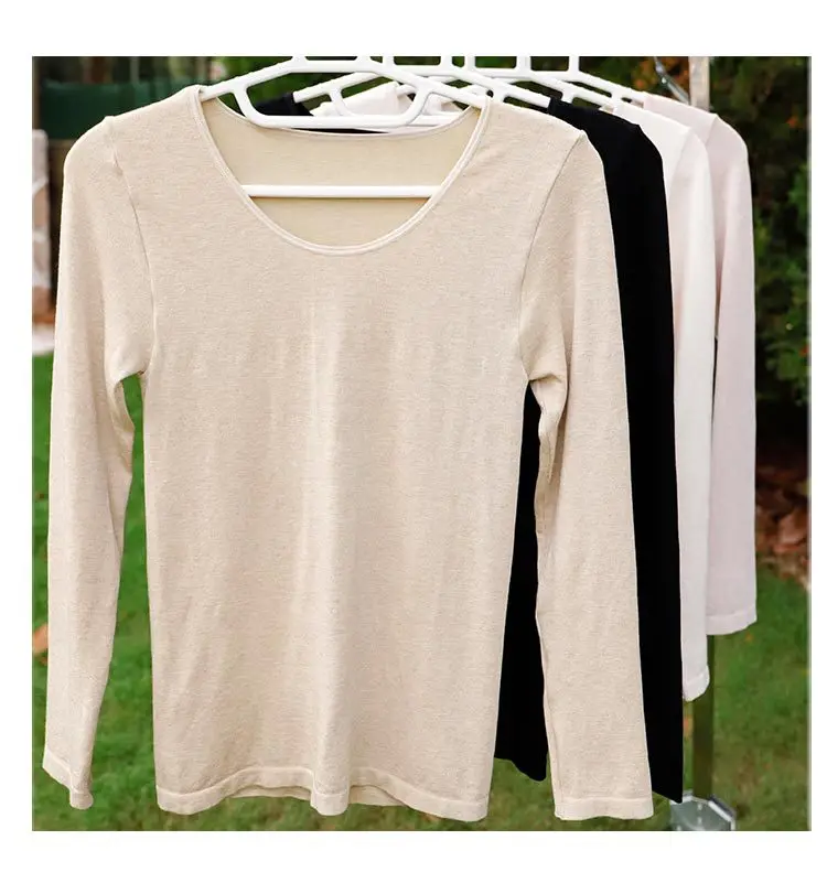 Seamless Womens Thermal Underwear Top O Neck Intimate 2022 Autumn Winter Long Sleeves Solid Warm Lingerie Oat Gray