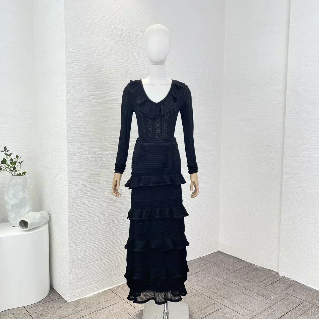 

2023 Top Quality New Collection Solid Black V-neck Frill Ruffle Slim Fit Pullover Midi Skirt Knitwear Outfits for Women