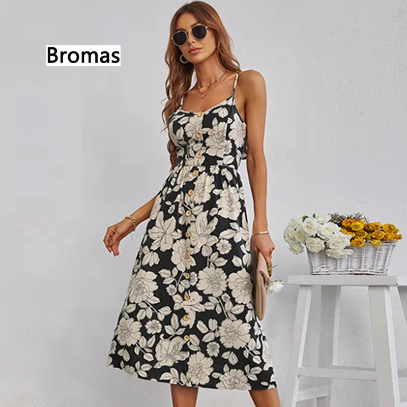 

2022 Summer New Women's Fashion Elegant Printed Single Breasted Backless Sling Casual Dress
