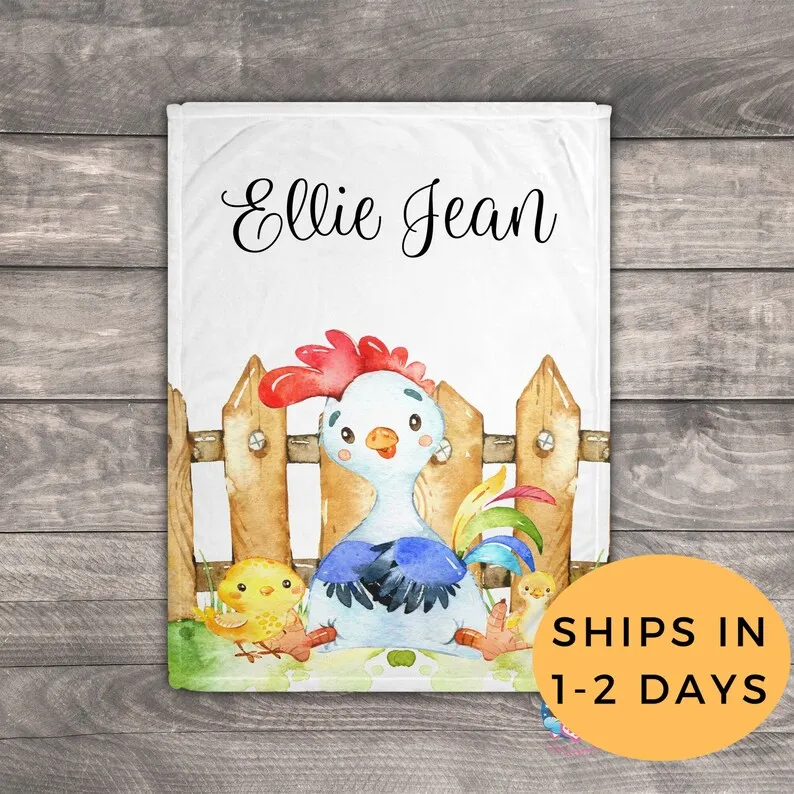 

Chicken Baby Blanket, Personalized Baby Blanket, Custom Name Blanket, Farm Baby Shower, Farm Animals Birthday Party, Baby Girl N
