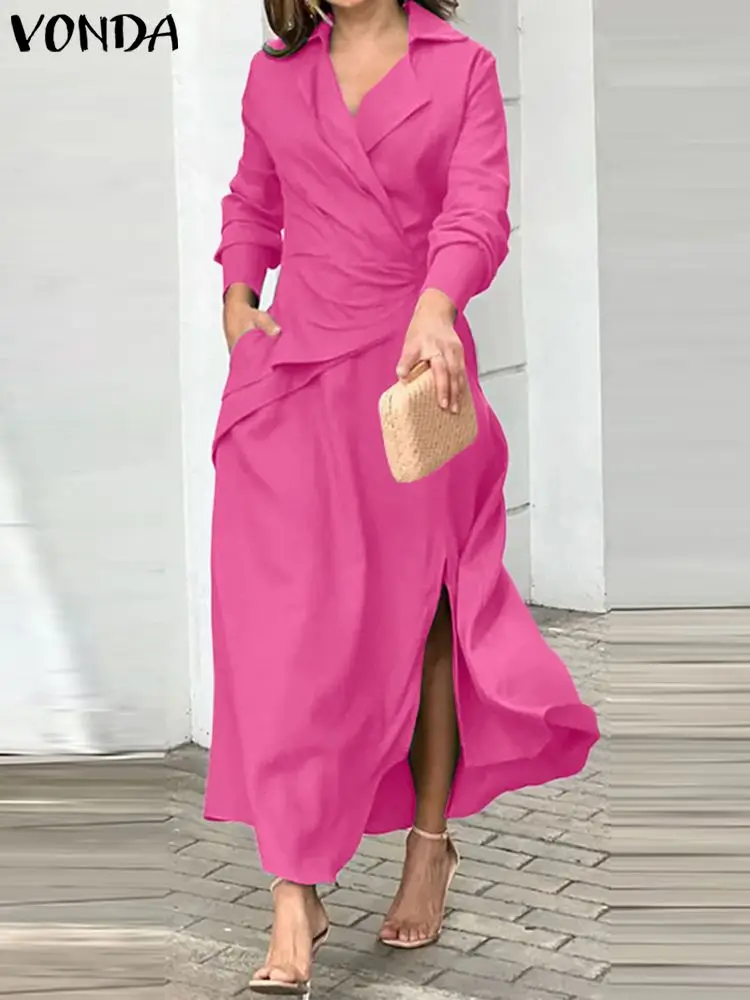 

OL Style Elegant Dress 2023 Fashion Women Summer Sundress Casual Solid Color Maxi Dress Long Sleeve Lapel Neck Vestidos Robe
