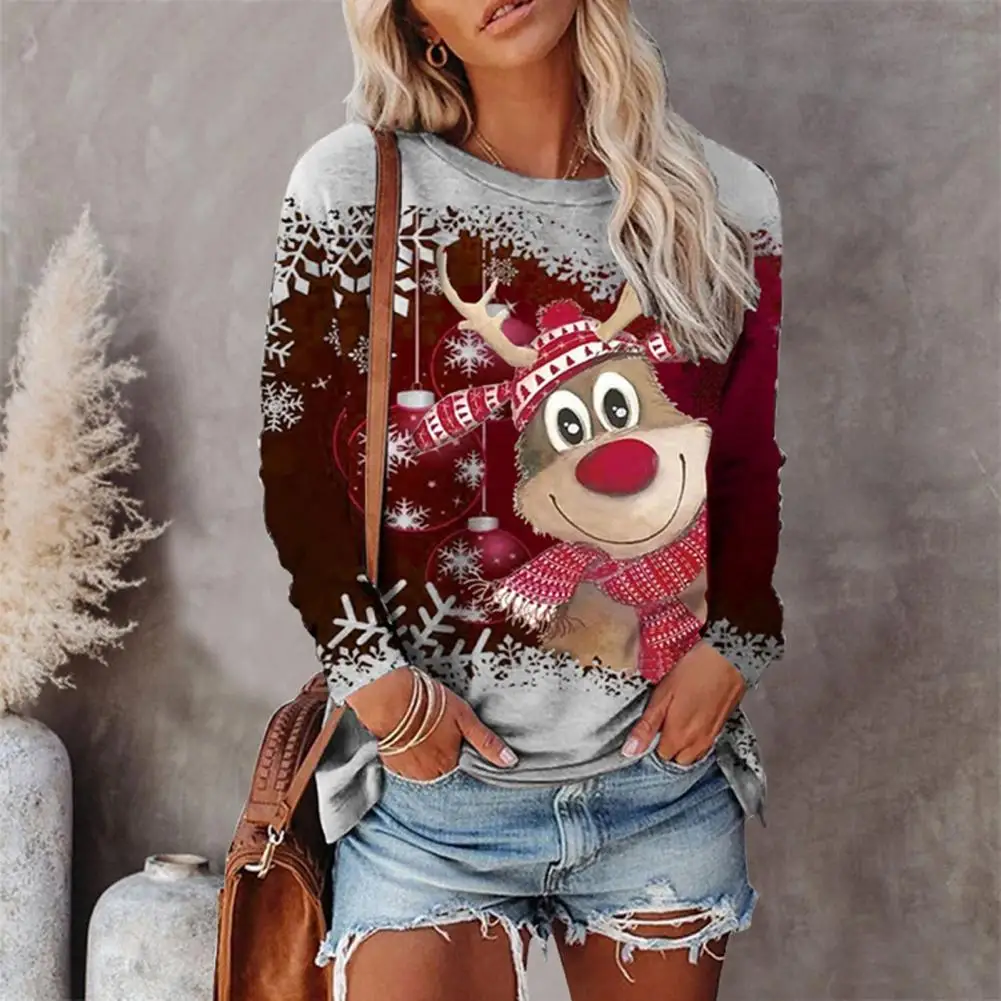 

Women T-shirt Christmas Print Long Sleeve Loose Top Autumn Winter Crew Neck Vintage Blouse For Xmas