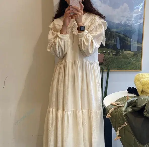 

2022 Fashion New Lace Lacelook Peter Pan Collar Fold Dress Women Autumn Loose Mid-calf Puff Sleeve Dresses Female