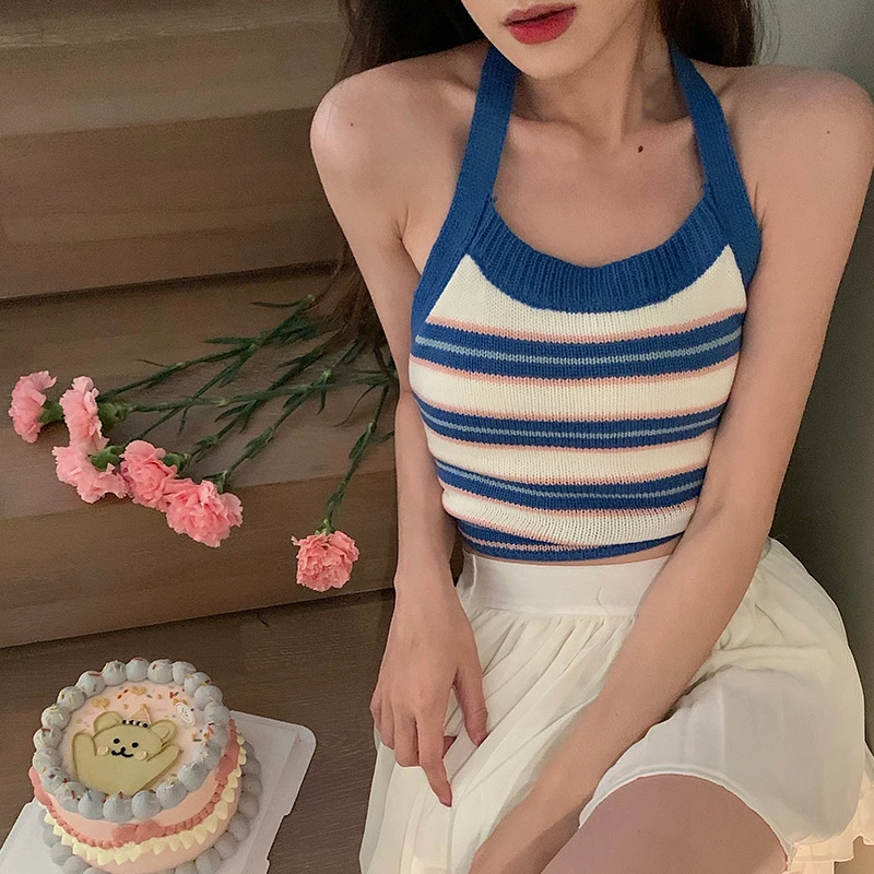

Women Backless Vest Sexy Stripe Pattern Halter Neck Sleeveless Crop Tops, Blue/ Green