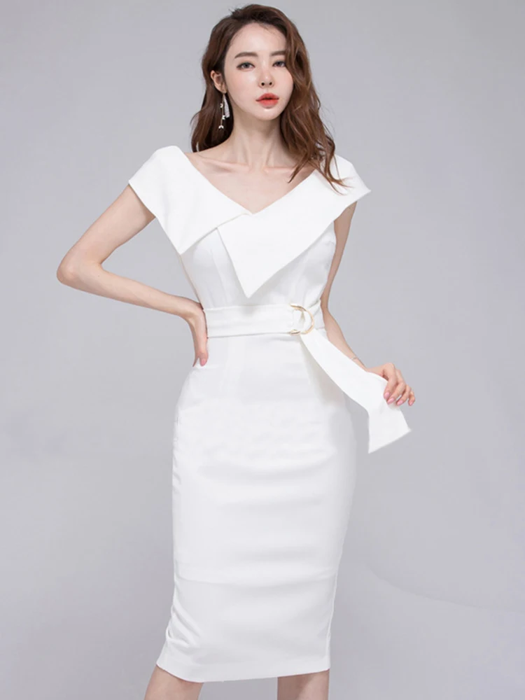 

Korean Elegant Women Evening Dress Chic White Formal Temperament V-Neck Slim Slit Midi Pencil Party Club Commute Mujer Vestidos