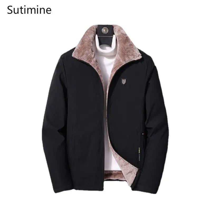 Coat Men Winter Turn-down Collar  Zipper Men's Cashmere Thickened Warm Cotton Padded Clothes Pockets Casual Winter Coat Men