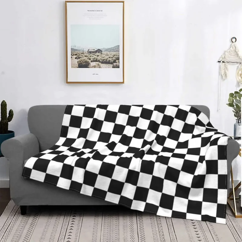 

Black And White Checkered Flannel Throw Blankets square game optical Blanket for Bed Couch Lightweight Thin Plush Thin Quilt