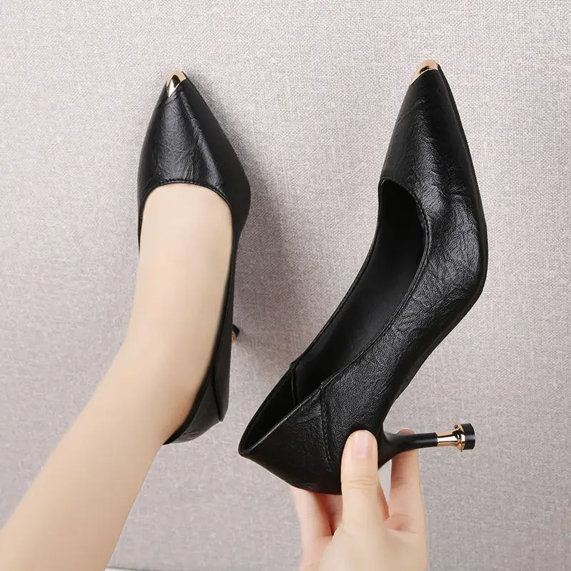 

Туфли женские на высоком каблуке с острым носком, мягкая кожа, металл, корейский стиль, профессиональные шпильки, розовые