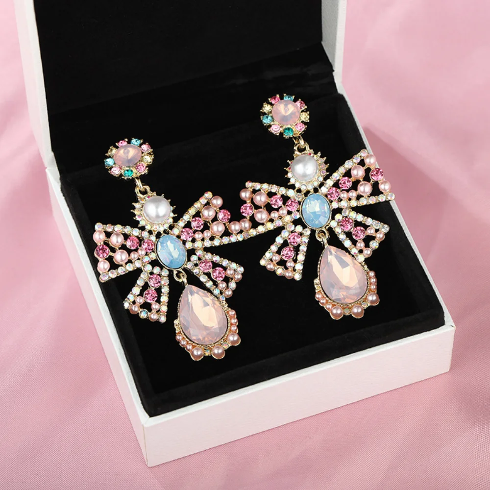 

Women's Fancy Pink Bow Knot Pearl Earrings Blue Rhinestone Water Drop Crystal Purple Zircon Trendy Colorful Cute Bowknot Earring