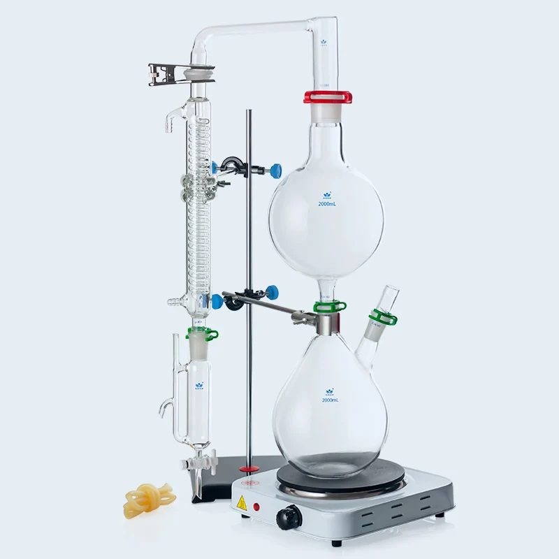 

Lab Essential Oil Steam Distillation Apparatus Glassware Kits Water Distiller Purifier W/Hot Stove Graham Condenser 2000ml
