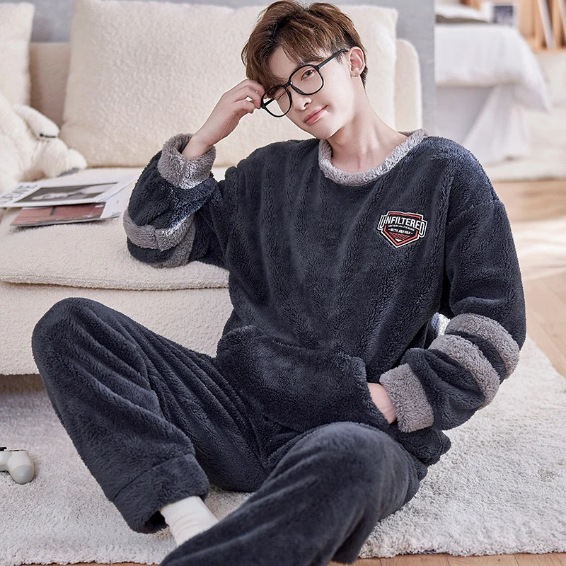 QUHENG Flannel Pijama Men Thick Pajama Male Autumn Winter Warm Thick Long Sleeve Sleepwear Casual Pyjamas Men Coral Fleece Suit