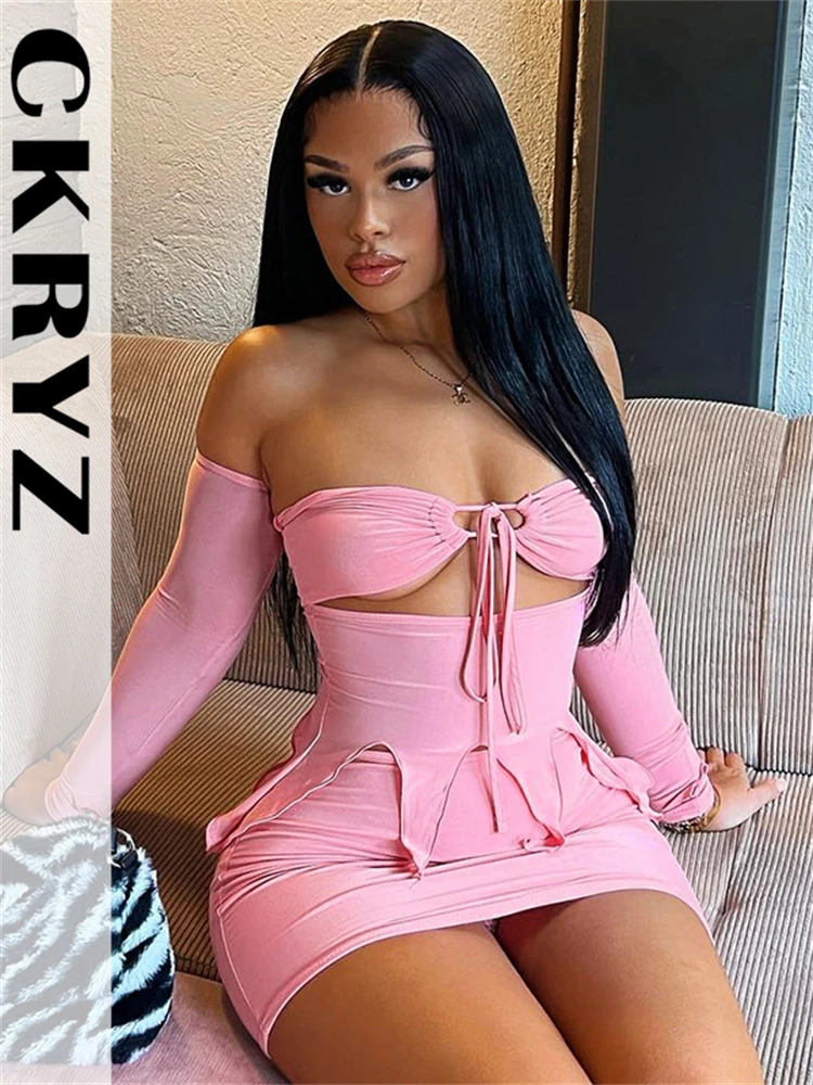 

Ladies Autumn 2 Piece Off Shoulder Long Sleeve Backless Crop Top And Mini Skirt Set For Women Birthday Party Night Club Wear Y2K