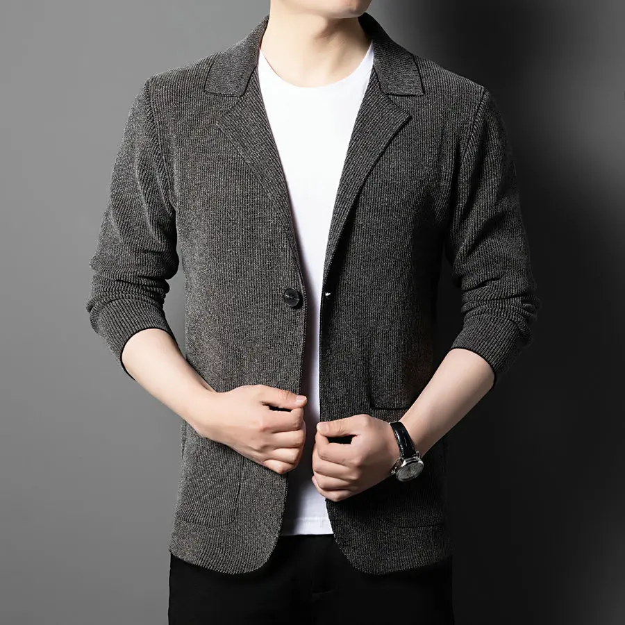 

Men Black Gray Blazers Smart Casual Knitted Fabric Suits Jackets Male Spring Autumn Plain Colour Notched Collar Outfits Clothes