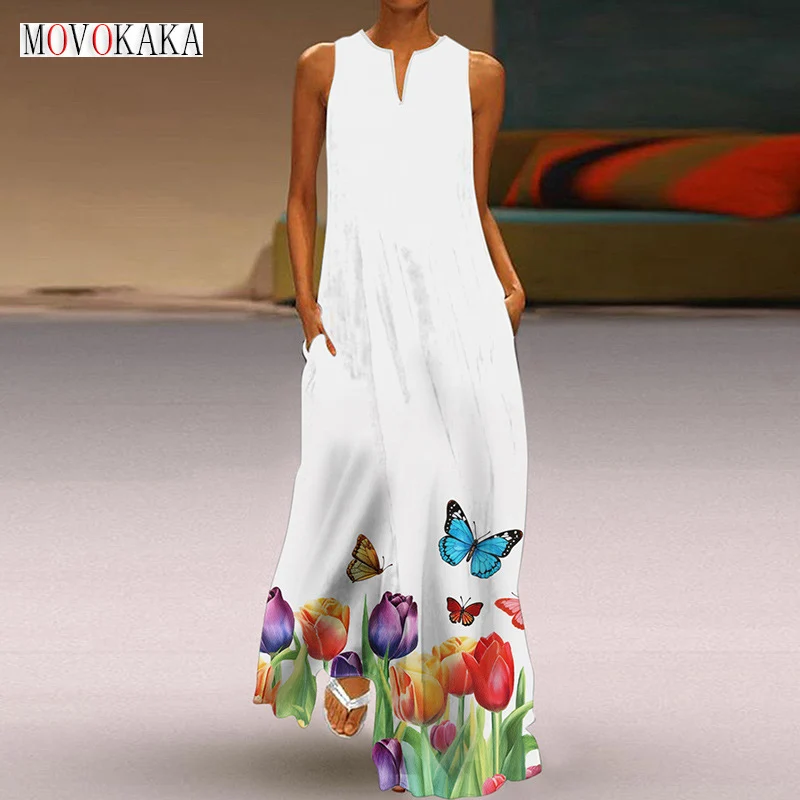 

MOVOKAKA Ladies Spring Summer White Long Dress Sleeveless V-neck Flowers Print Loose Beach Dresses Elegant Party Boho Maxi Dress