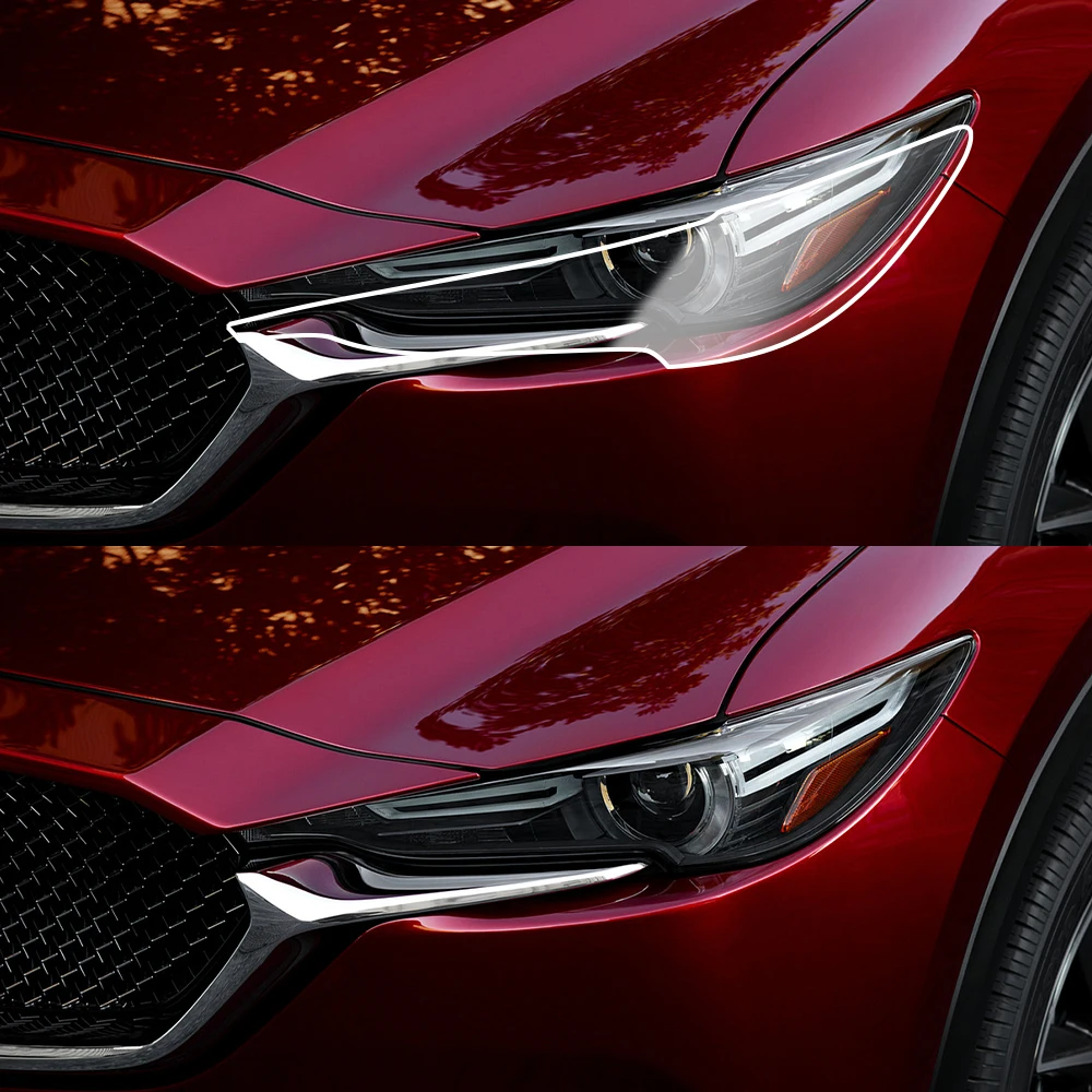 Фото Глянцевая дымчато-черная защитная пленка из ТПУ для фар Mazda CX-5 2017-2021, предварительно вырезанная, антицарапийная, виниловая пленка для оклейки, комплект. №3