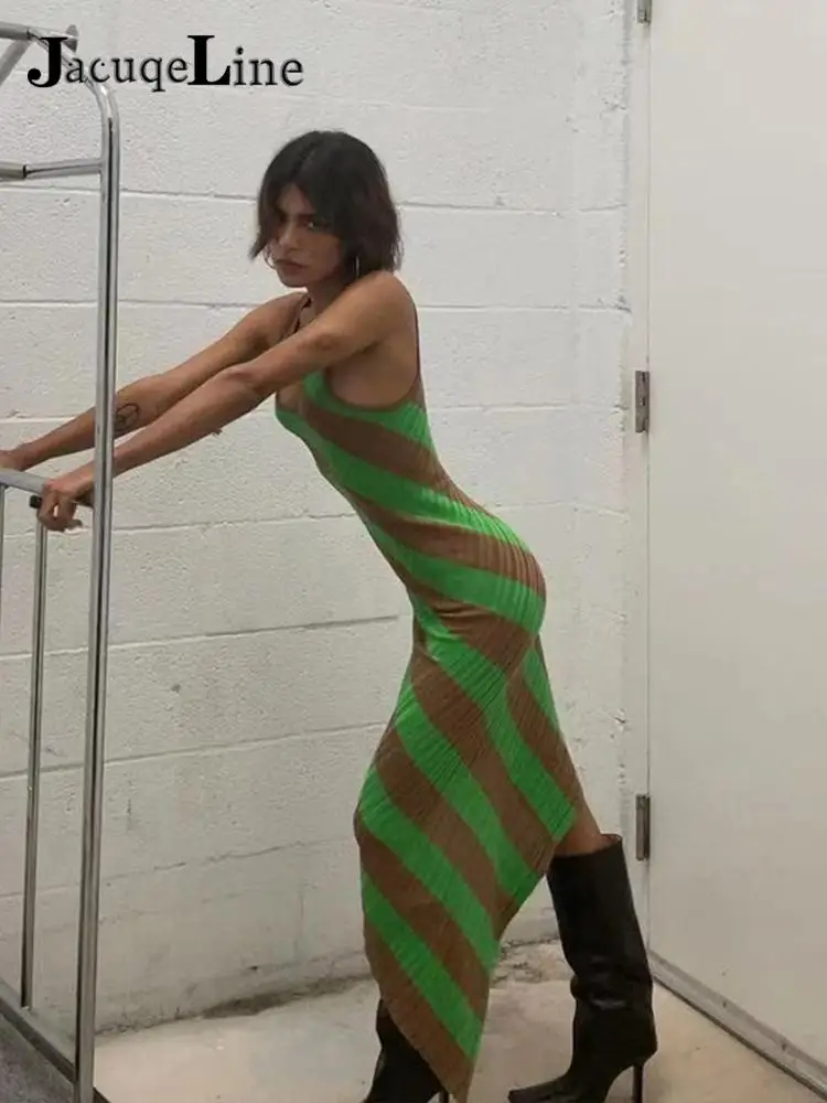 

Сексуальное зеленое облегающее платье миди без рукавов в полоску с глубоким вырезом, асимметричные уличные клубные платья, 2022