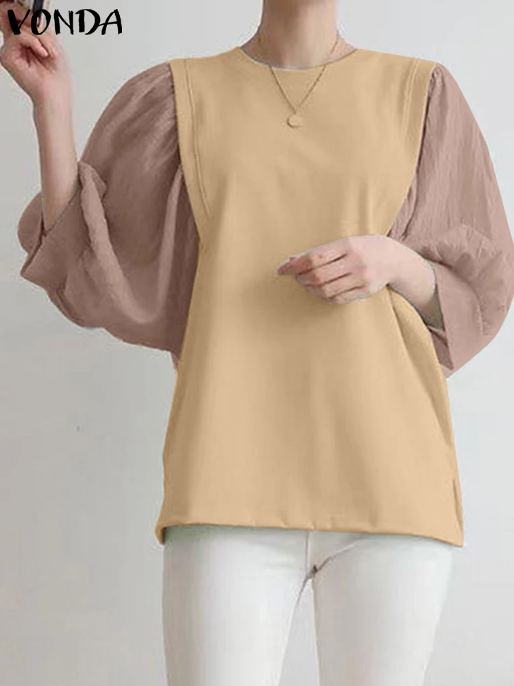 

Elegant Blouses VONDA 2023 Women Summer Fashion 3/4 Sleeve Tunic Tops Patchwork Lantern Sleeve Shirts Casual Blusas Streetwear
