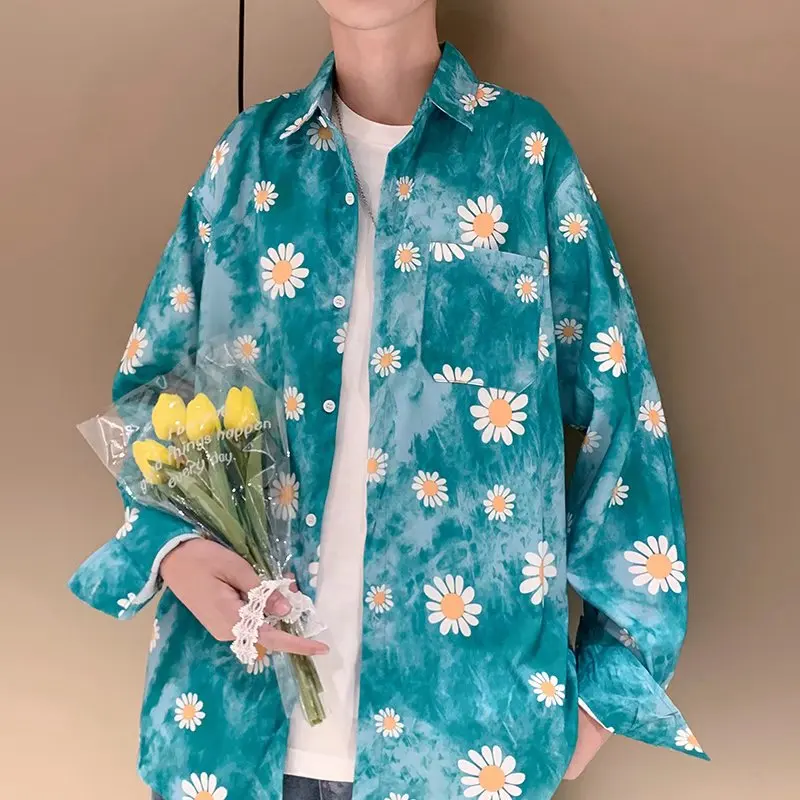 Sunflower Men's Shirt with Print Korean Clothes Fashion Shirts 2022 Man Slim Fit Social Casual Shirt Harajuku Long Sleeve Shirts