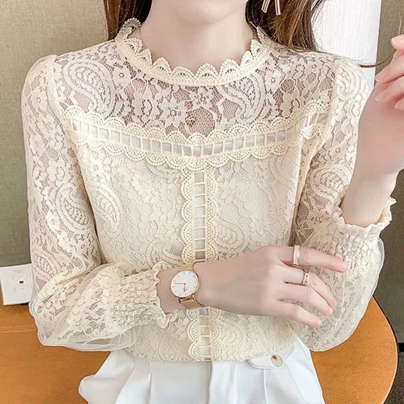 

Lace Jacquard Long Sleeve Chiffon Shirt Blouse Women's Autumn 2022 New Western Fashion Hollow Out Temperament Top Blusa