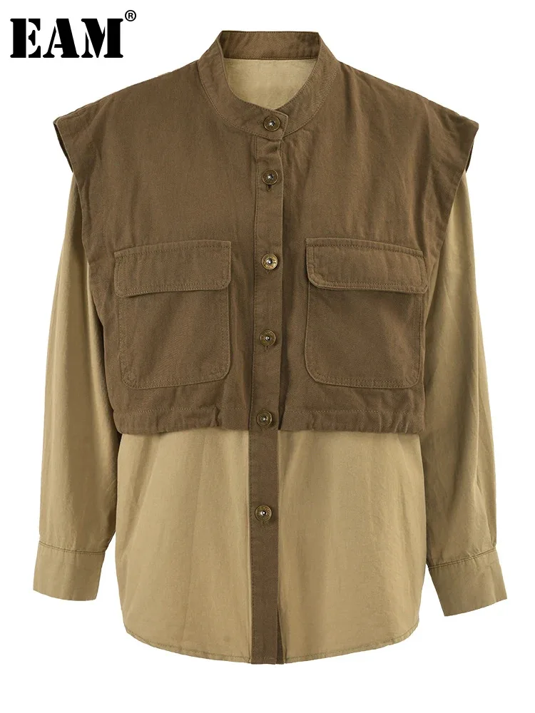 

[EAM] Свободная куртка цвета хаки большого размера, Новая женская куртка с воротником-стойкой и длинным рукавом, модная демисезонная куртка 2023 CP2330