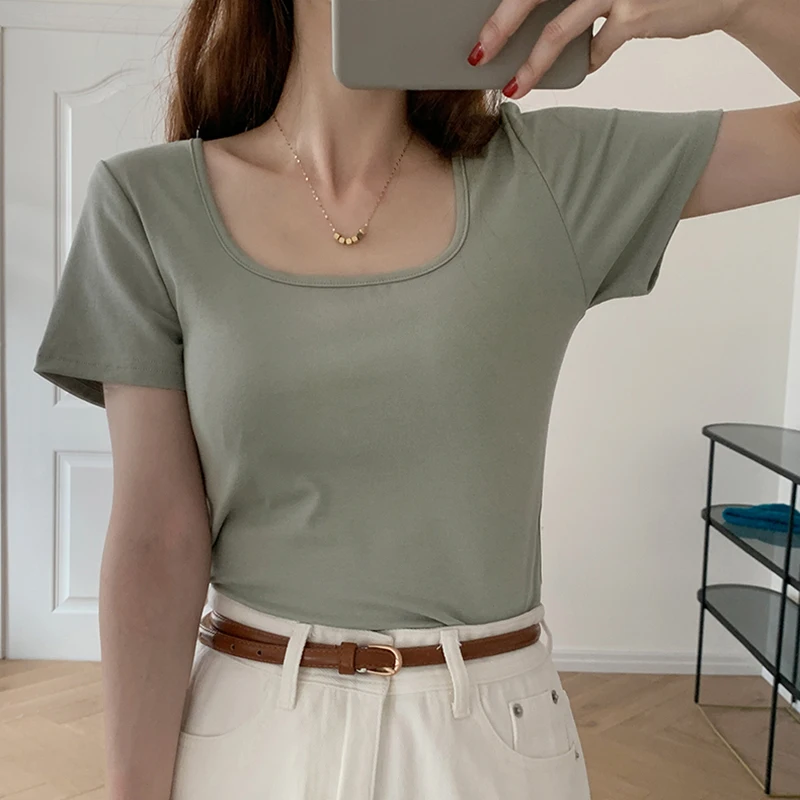 

Летняя одежда, футболки для женщин, 2022 хлопок, тонкая белая, черная, Женская Повседневная Базовая футболка в Корейском стиле, Женский Топ