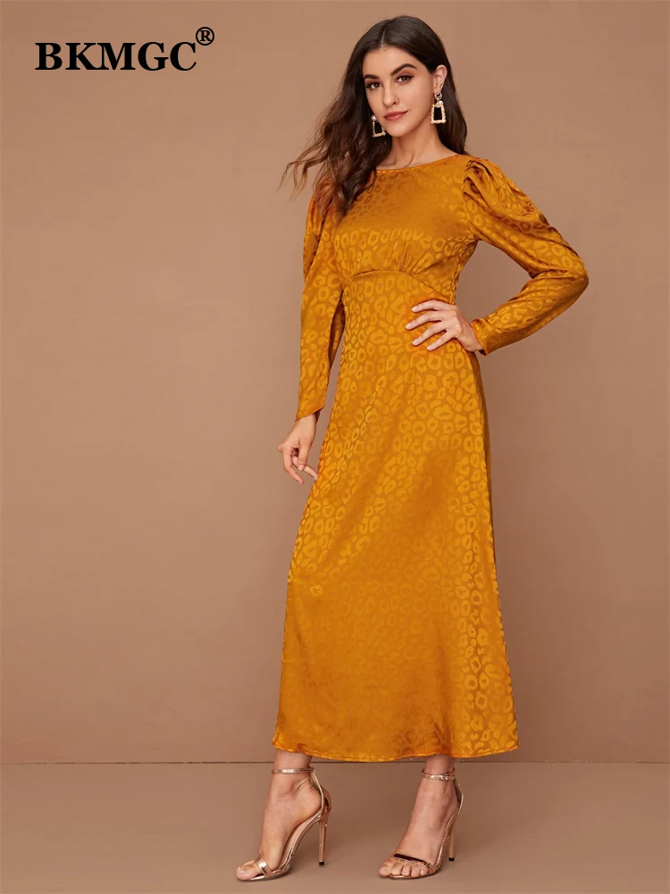 BKMGC Anckle Lenght Long Dress For Women V Backline Luxury Yellow Leopard Pattern Print Autumn Office Lady Daily Clothing #5938