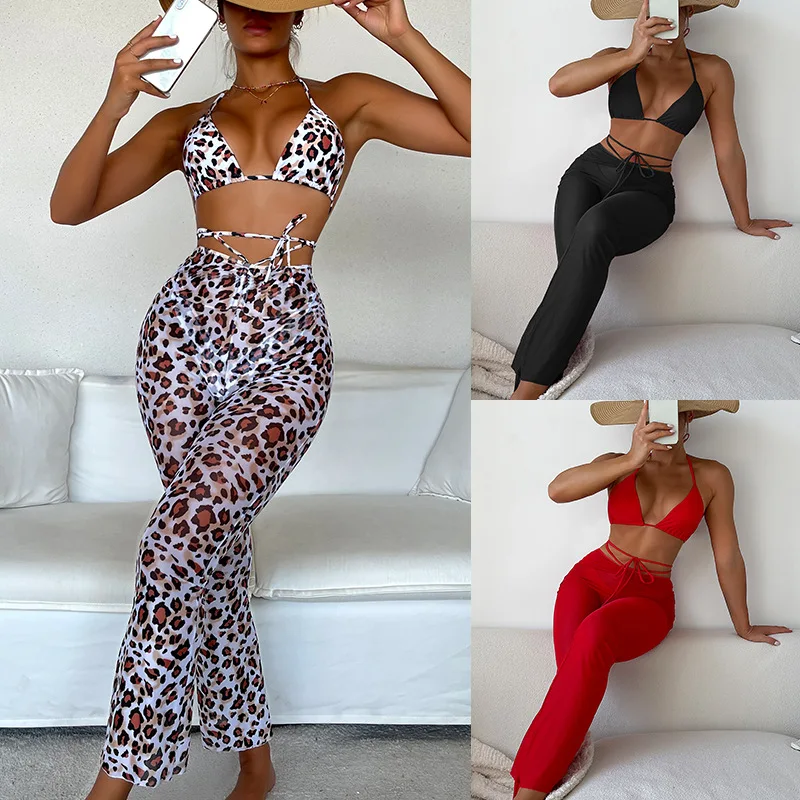 

Женский шифоновый купальник-тройка с леопардовым принтом