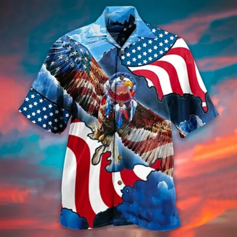 

Men's Hawaiian shirt Graphic Print Eagle American Flag lapel Outdoor street short sleeve fashion streetwear men's clothing