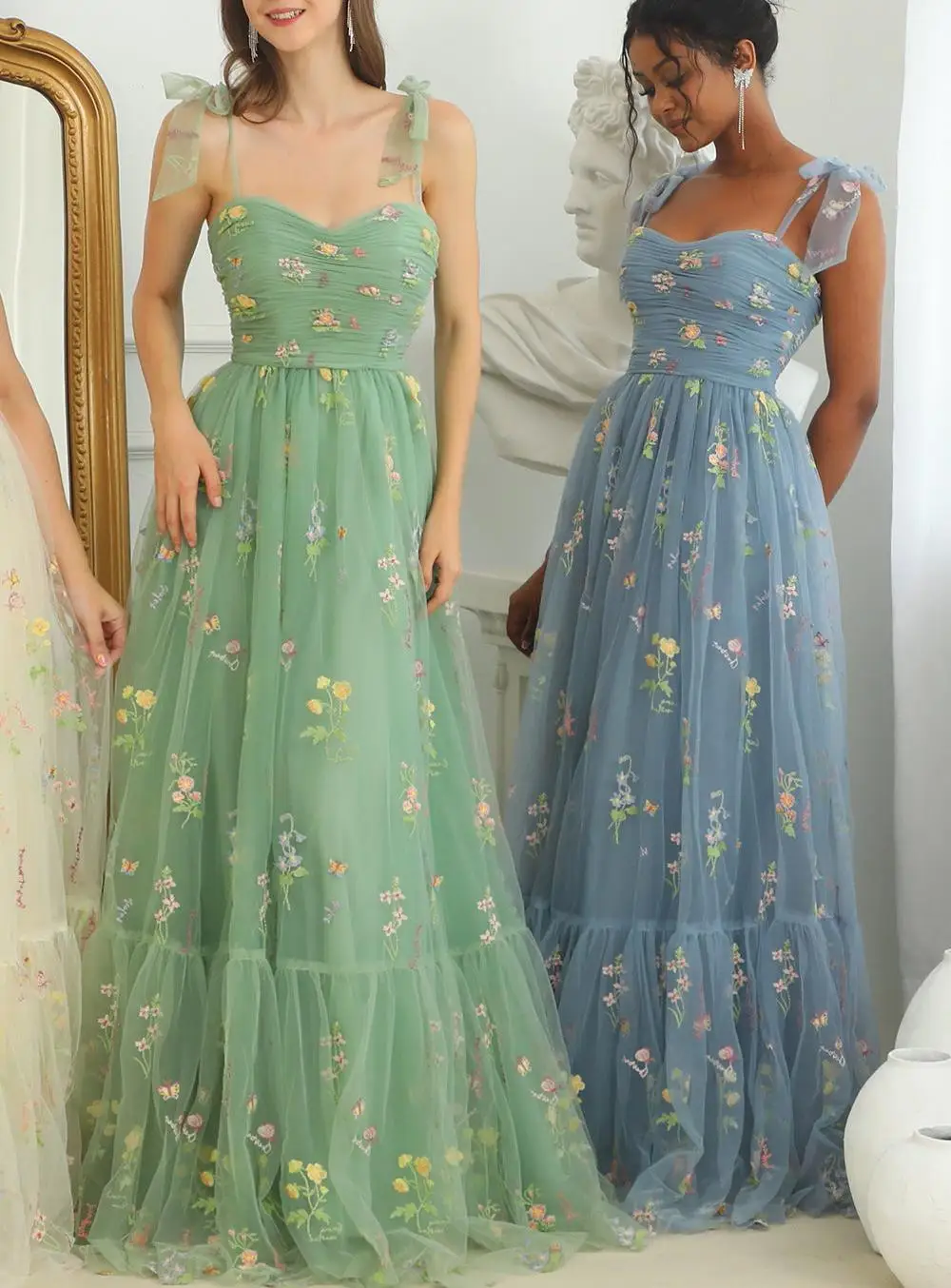 

14739#IENA Fairy Sage Green A-Line Spaghetti Straps Pleated Tulle Tea Length Bridesmaid Dress With Embroidery Party Prom Gown