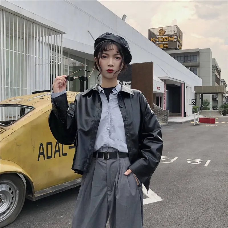 Spring  Autumn Chic Vintage Motorcycle PU Leather Coat Loose Student Leather Coat Short Coat Women Short Girl Leather Coat