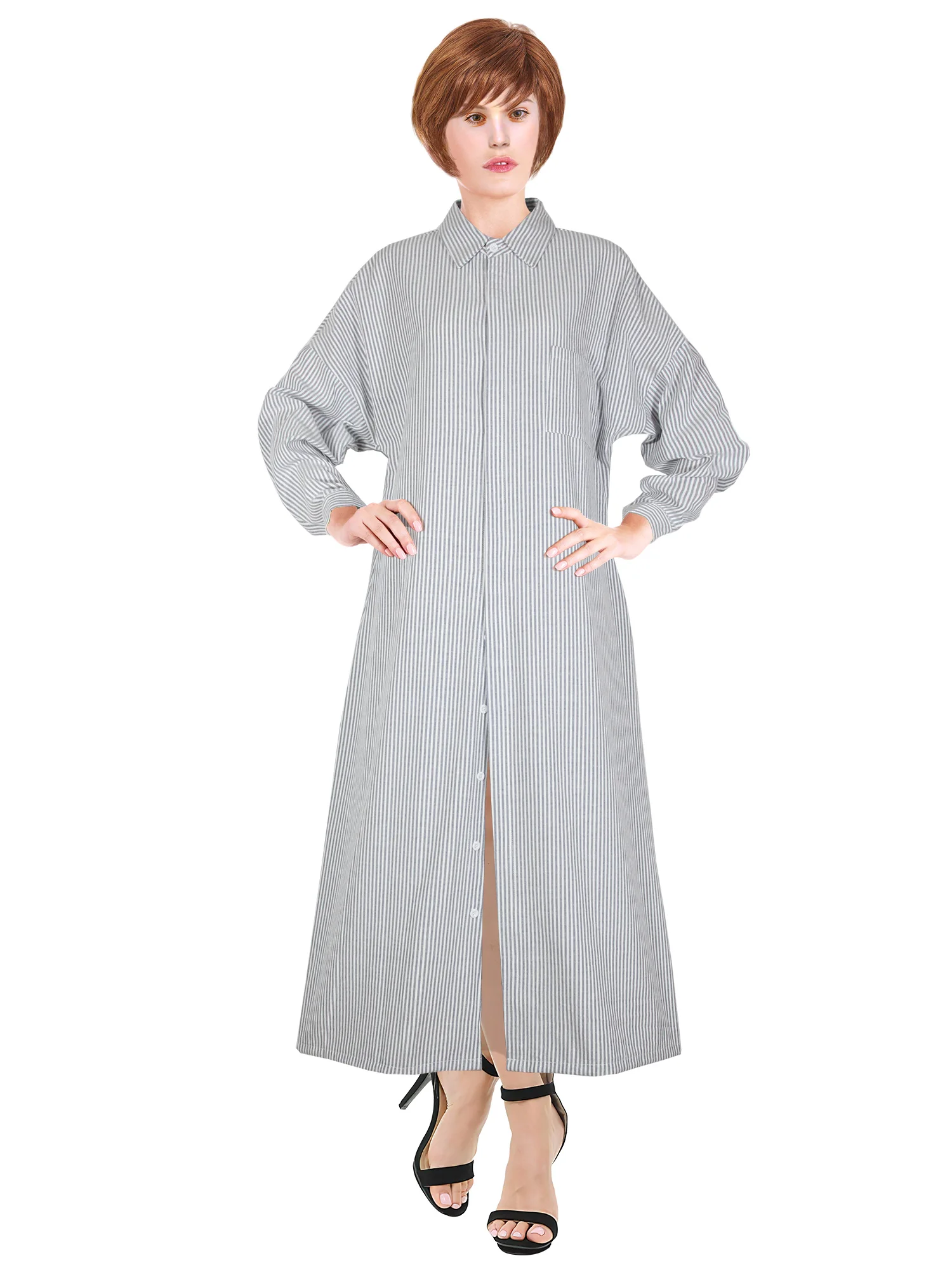 

Womens Striped Lapel Shirt Dress Autumn Fashion Dress Button Shirt Dress in Stripe