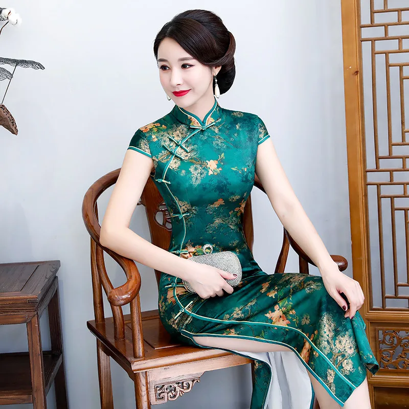 

Yourqipao Summer 2023 Green Cheongsam Long Dignified Catwalk Show Elegant Qipao Chinese Traditional Evening Dress for Women