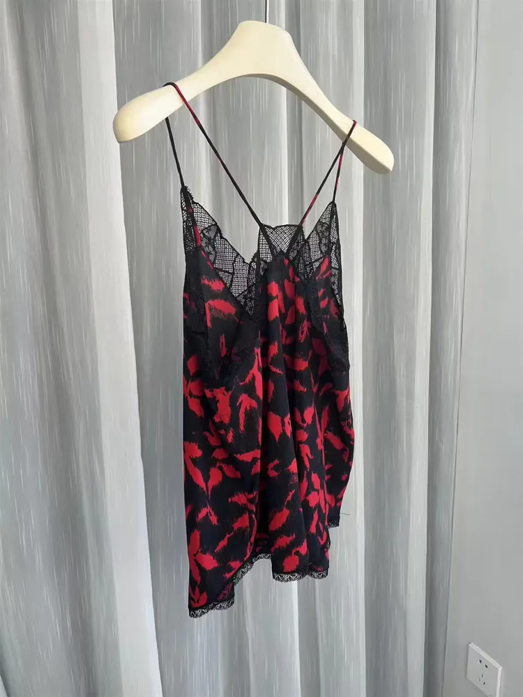 

Women's Lace Stitching Sexy Sling Top Red Maple Leaf Print 100% Viscose Summer 2023 Female Sleeveless Camisole