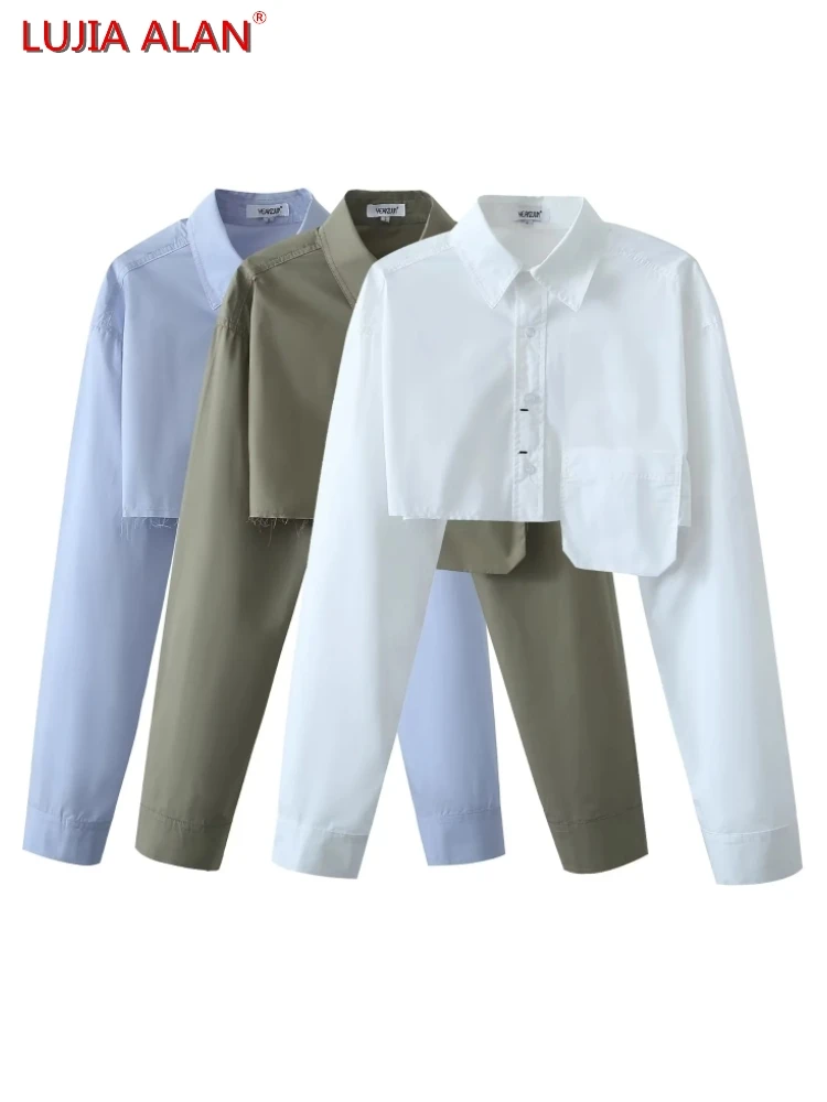 

2023 New Women Single Pocket Chic Short Shirts Casual Female Long Sleeve Blouse Loose Crop Tops LUJIA ALAN B1233