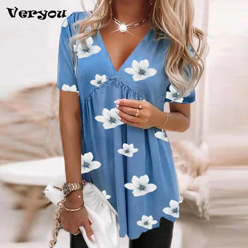 

Women Elegant Model Flower Print T-shirt Women's Short Sleeve Tops 2022 Summer Bohemian Loose V-neck Tees Clothing Size S-3XL