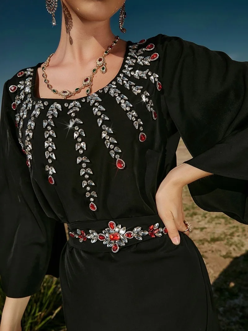 Rhinestone Kaftan Women Moroccan Party Caftan Satin Flare Sleeve Muslim Long Dress Belted Arab Dubai Saudi Abaya  Ramadan Black