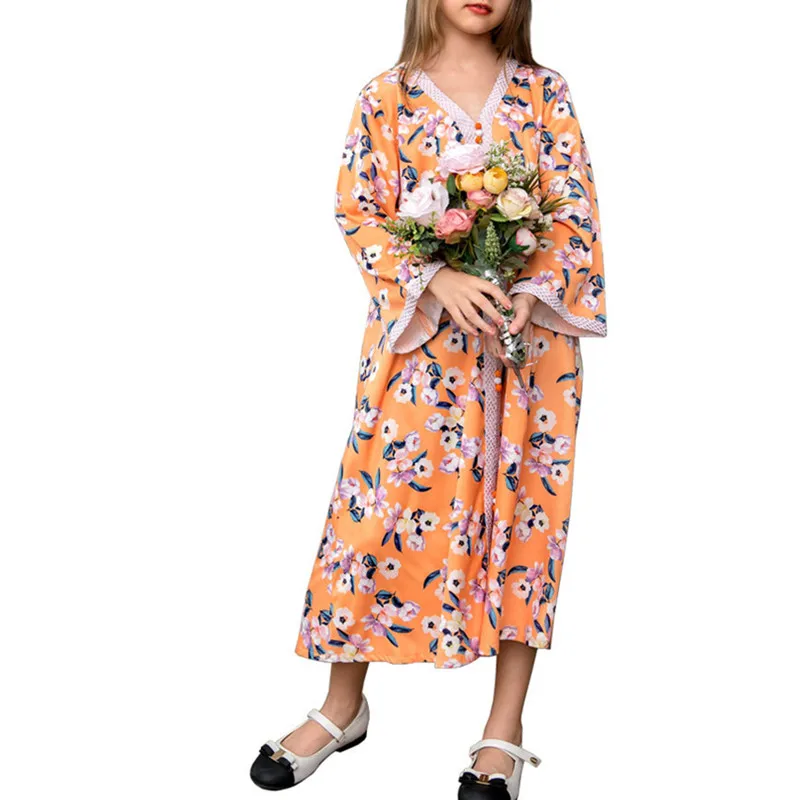 

Ramadan Dubai Arab Muslim Kids Abaya Girls V-Collar Long Dress Caftan Children Islamic Robe Kaftan Clothing 2022