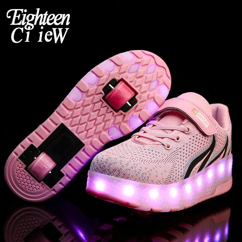 

Детские светящиеся кроссовки на колесах, зарядка через USB, роликовые коньки, Детские кроссовки с подсветкой, розовые, размеры 28-40