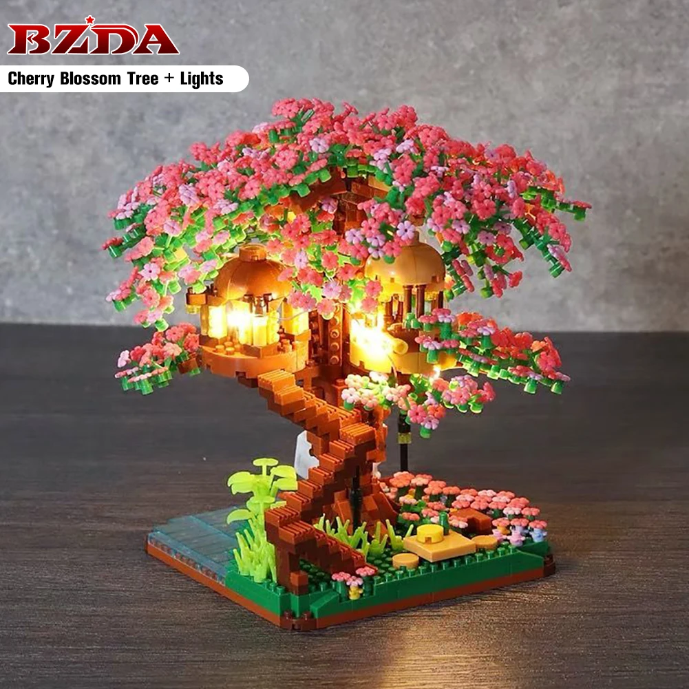With Lights Mini Sakura Tree House Decorative Building Blocks City Street View Cherry Blossom Bricks DIY Toys For Children GIFT - купить по