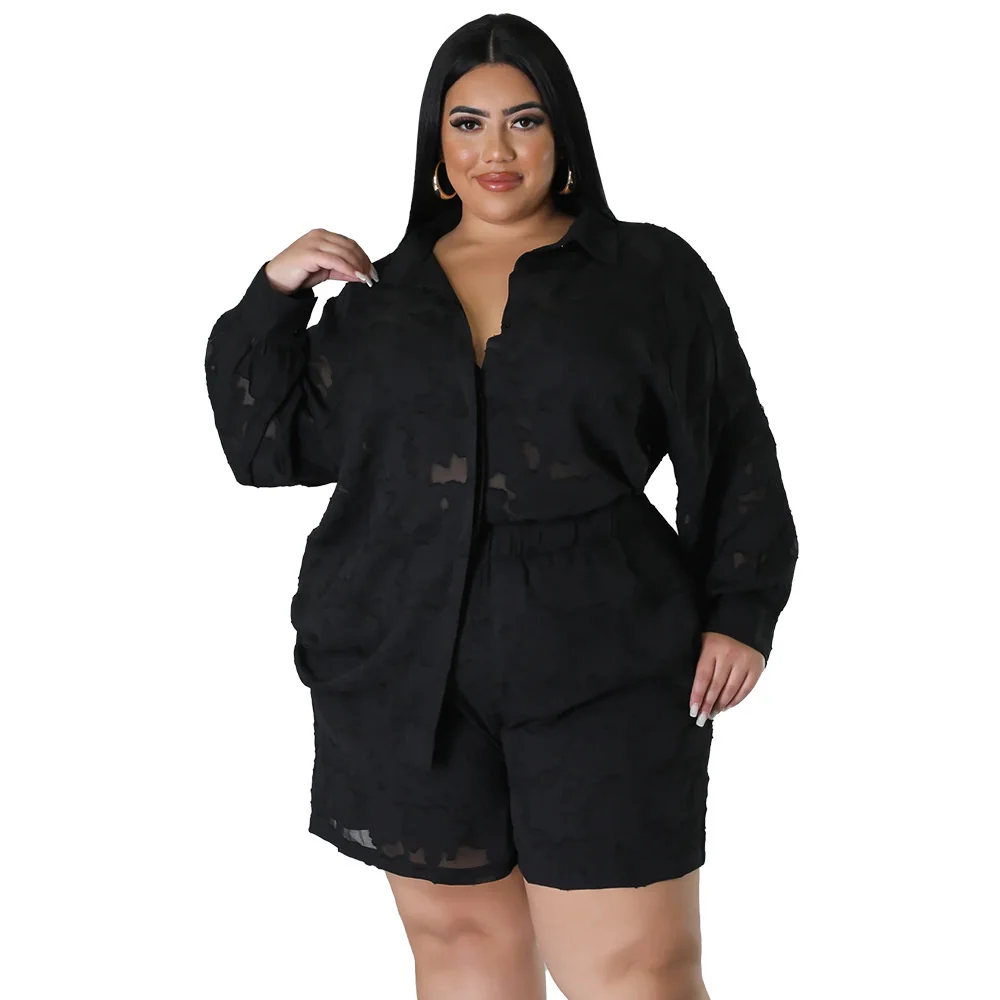 Plus Size Summer Women Shirt Two Pieces Set Hollow Out Shorts Chiffon Jacquard Club Suit Long Sleeves Turn Do 3xl 4xl 5xl 6xl