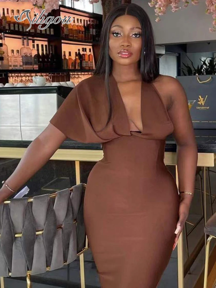 

Ailigou 2022 New Summer Women'S Fashion Brown One-Shoulder Tight Sexy V-Neck Rayon Bandage Dress Celebrity Party Dress Vestidos