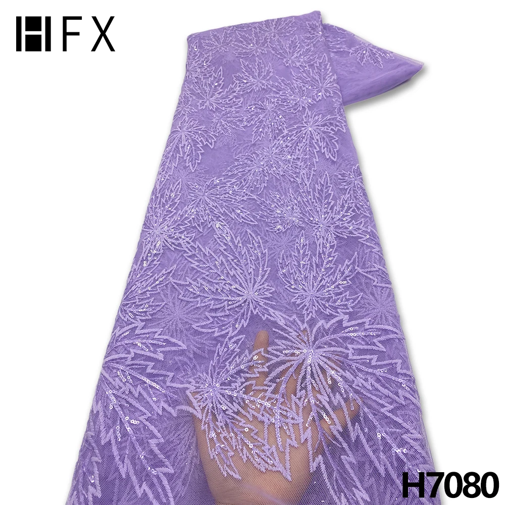 

HFX Lilac Latest Nigerian Net Lace With Sequence 2022 Embroidered Sequin Tulle Fabric French Mesh Lace Fabrics For Party F7080