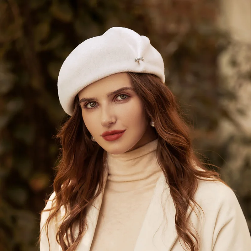 

Elegant Ladies Wool Beret British Vintage Painter Hat High Quality Woolen Solid Color Warm Felt Hat Berets Women's Cashmere Caps