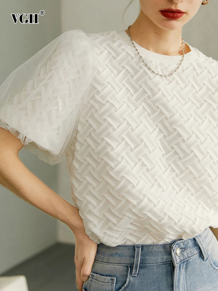 

VGH Casual Knitted Blouses For Female Round Neck Short Puff Sleeve Patchwork Lace Solid Women's Shirts 2022 Summer Fashion Style