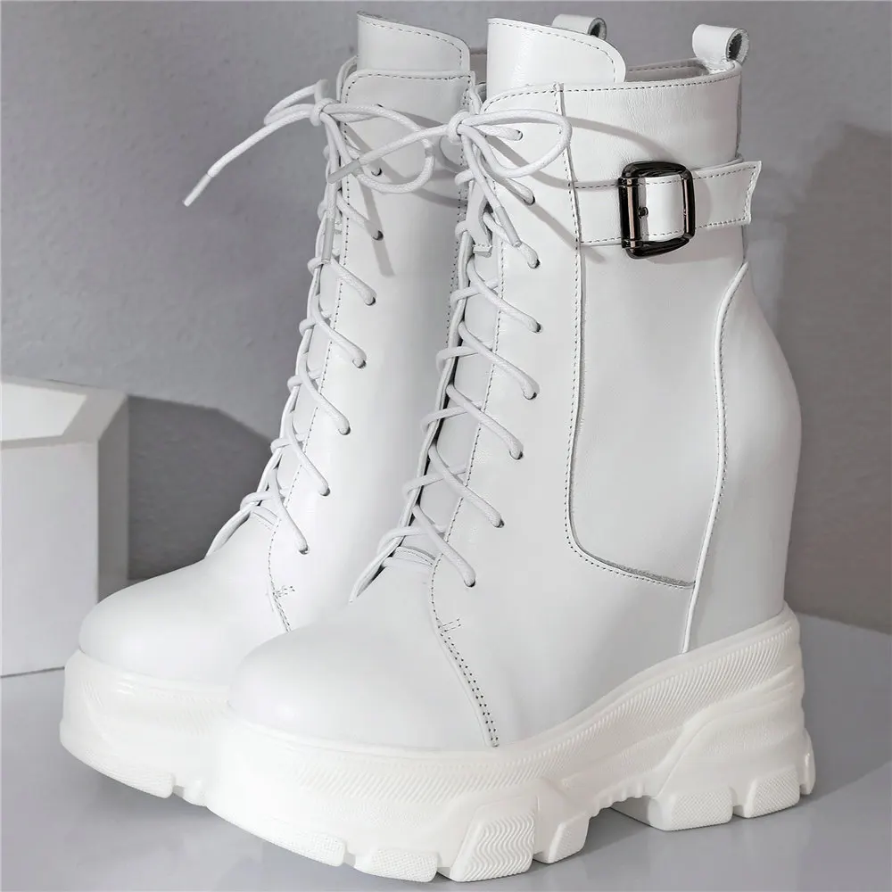 Platform Pumps Women Lace Up Genuine Leather Height Increasing Ankle Boots Female Winter High Top Fashion Sneakers Casual Shoes
