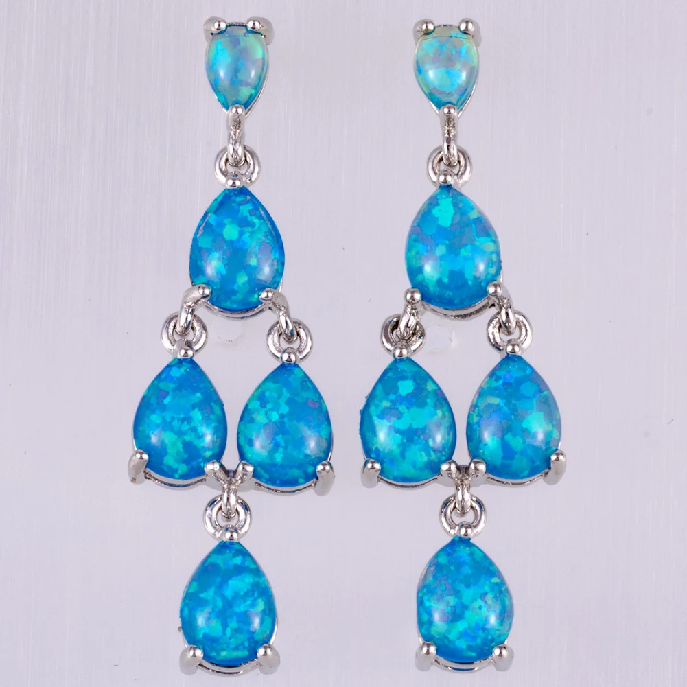 

KONGMOON 6x8 4x6 Pear Ocean Blue Fire Opal Cabochon Silver Plated Jewelry for Women Piercing Drop Earrings
