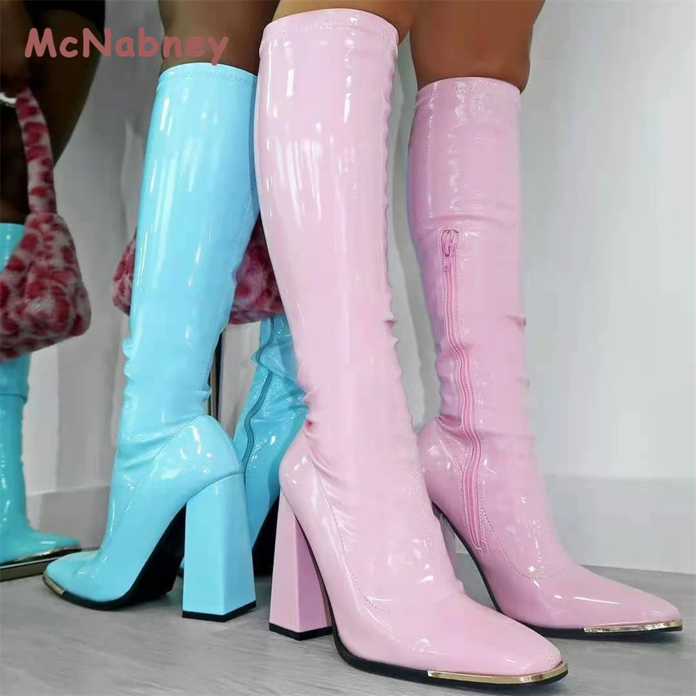 Women Boots Knee-High Classic Square Toe Boots Zip Boots Party Dress Dance Shoes PU Shiny Leather Chunky High-Heeled Boots