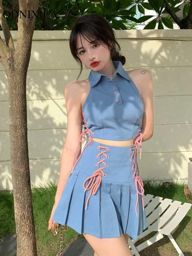 

2022 Summer Women's Skirt Set Chic Elegant Fashion Pleated Skirt Strap Backless Sleeveless Tank Top Skirt 2-piece Set Dress Sets