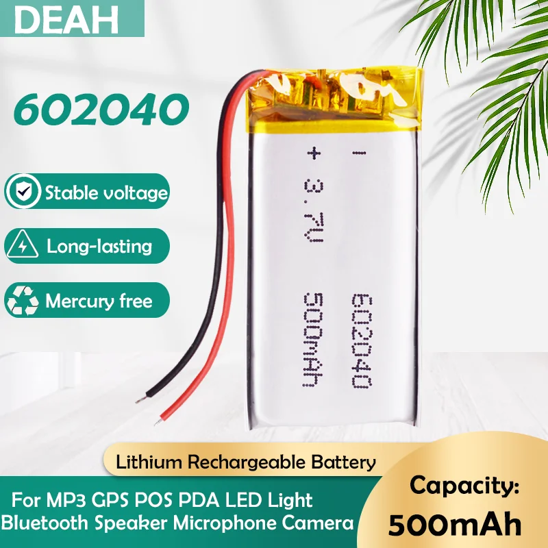 1-2PCS 3.7V 500mAh 602040 Rechargeable Lithium Polymer Battery For MP3 MP4 GPS DVD Bluetooth Speaker Voice Recorder Lipo Cells - купить по